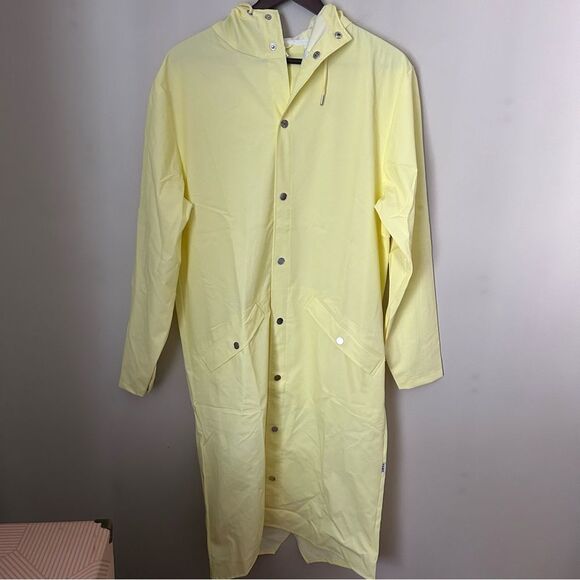 Rains Longer Jacket Straw Yellow Unisex Casual Classic Button Closure Hooded - Picture 13 of 13